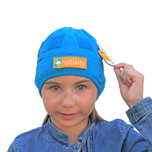 Nylon winter hat for kids with patches and fleece lining