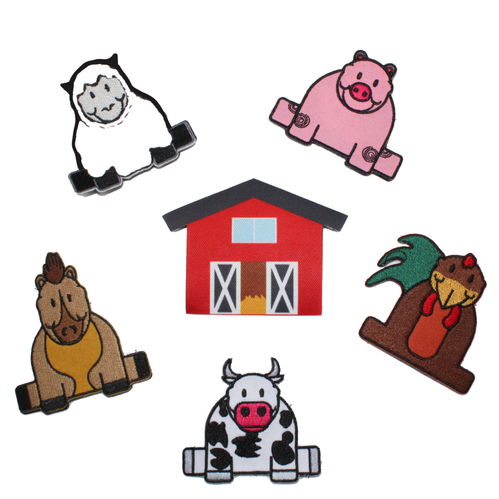 Farm-themed kids hat patches with farm animal designs