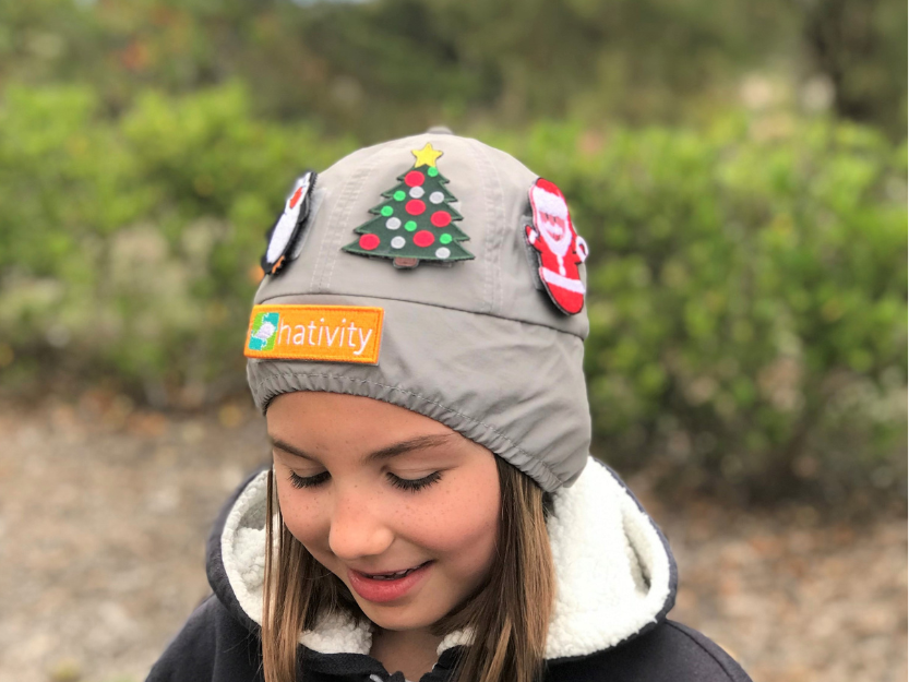 Nylon winter hat for kids with patches and fleece lining