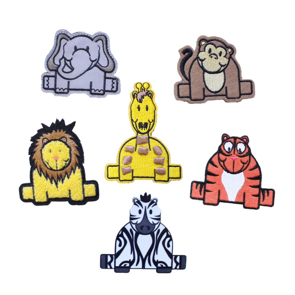 Safari patches for hats featuring vibrant animal designs