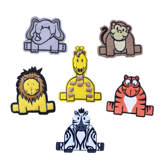 Safari patches for hats featuring vibrant animal designs