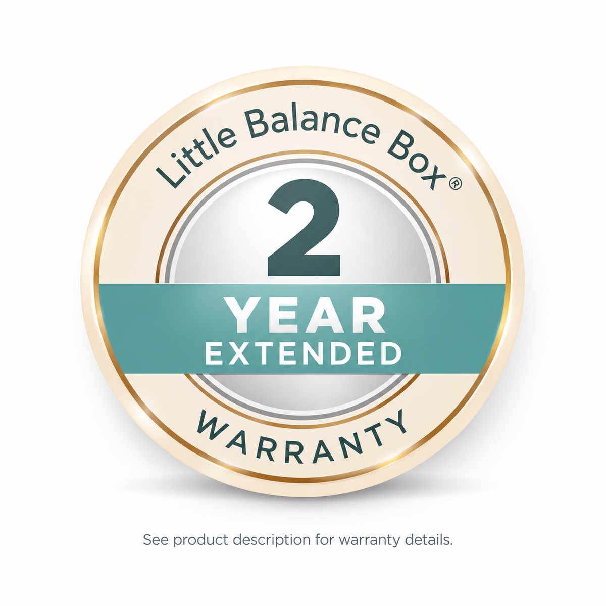 A circular badge reading 'Little Balance Box 2 Year Extended Warranty' on a white background, with small text below saying 'See product description for warranty details.'.