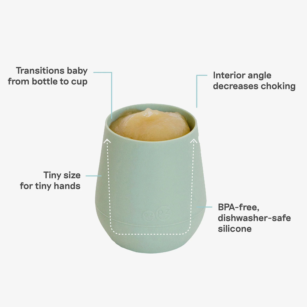 A mint green silicone baby cup with a pale yellow silicone insert, shown on a light gray background with callout text explaining its features.