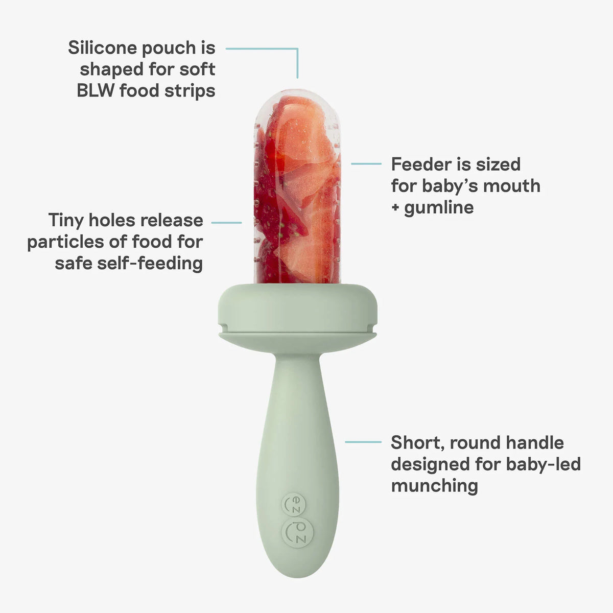 Baby feeder with text describing its features on a white background