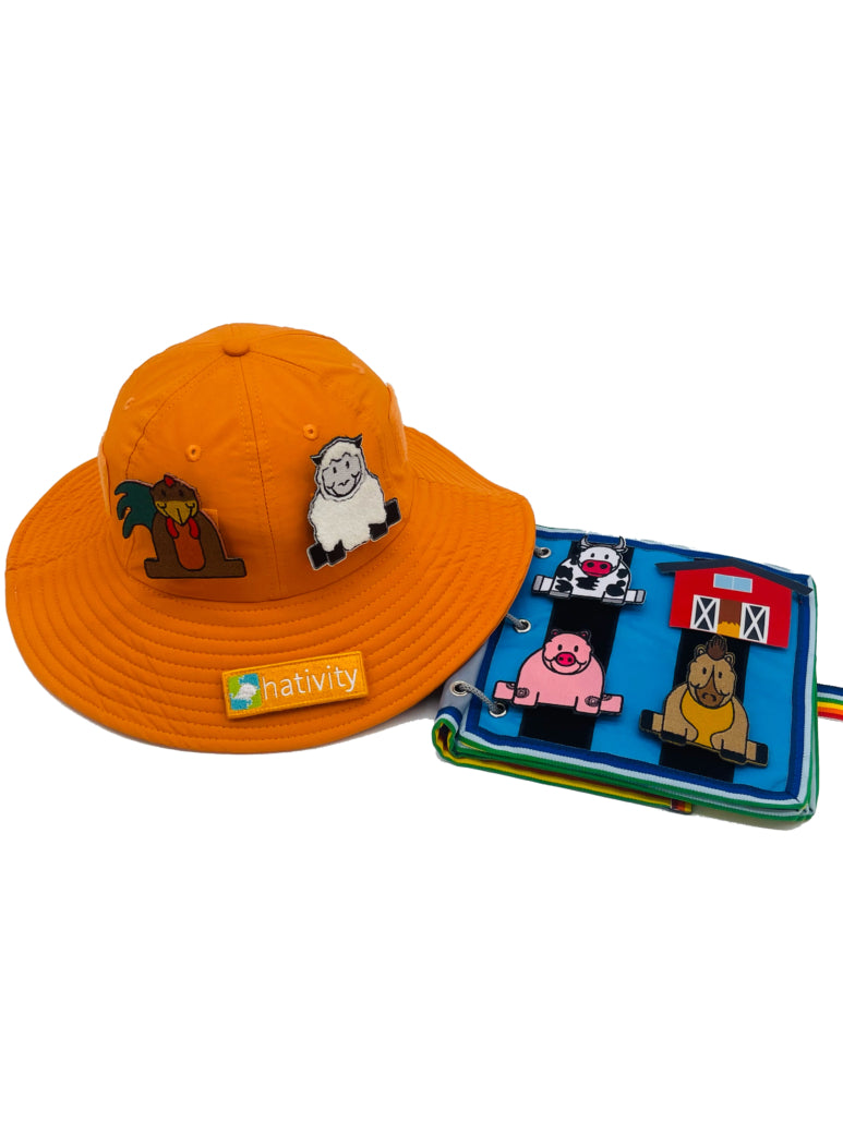 Farm-themed kids hat patches with farm animal designs