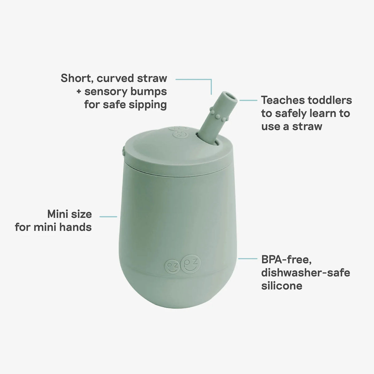 Sage green tumbler with straw and text highlighting features on a white background