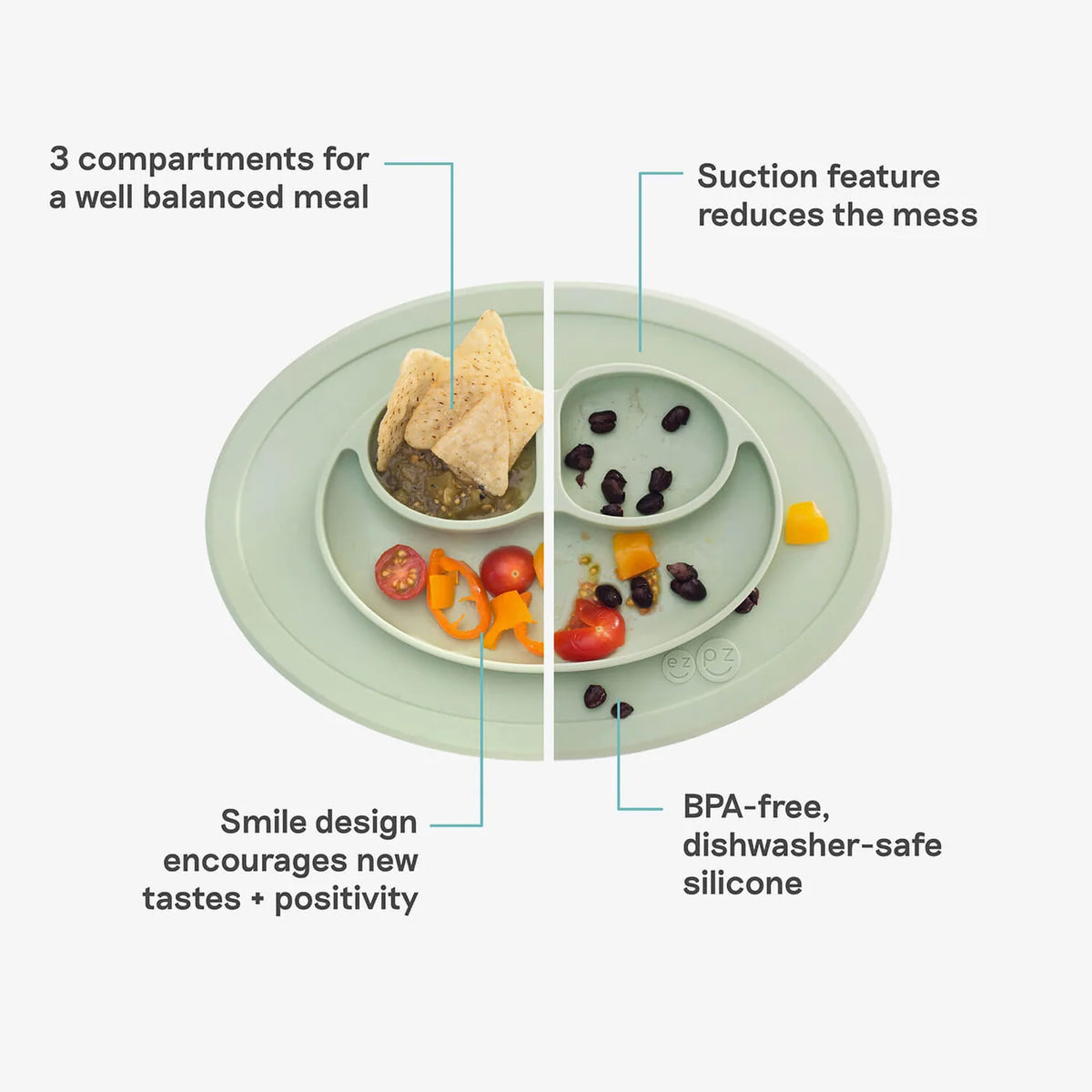 Silicone placemat with compartments for food, featuring text on its features.