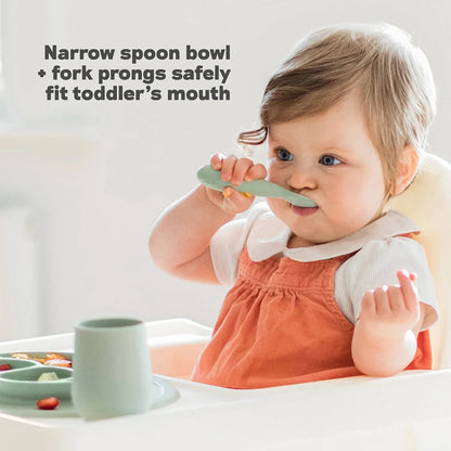 Baby in a high chair using a spoon and fork, with text about product features.