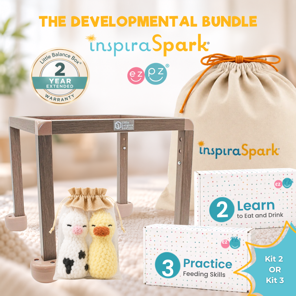 InspiraSpark developmental toy bundle including a balance box, two small pouches with knitted toys, one or the other feeding kit, and a drawstring bag, with promotional text and warranty badge.