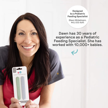 Dawn holding a product package with text about a pediatric feeding specialist