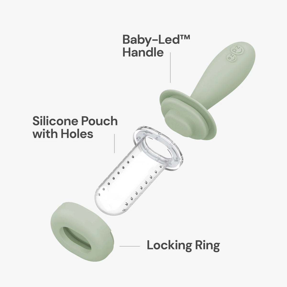 Sage green baby-led weaning tool with labeled parts on a white background