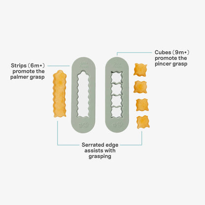 An educational product diagram showing two pale green dental grasper tools with labeled callouts explaining how strips and cubes promote different types of dental grasp.