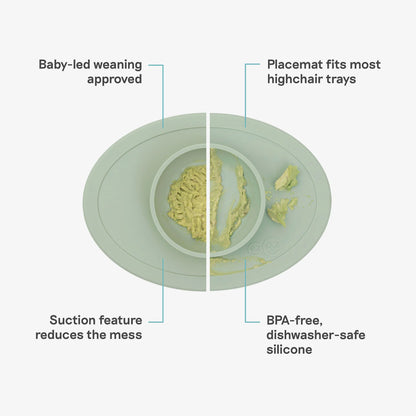 Diagram of a placemat with text highlighting features like baby-led weaning approval, fit for highchair trays, suction feature, and BPA-free silicone.